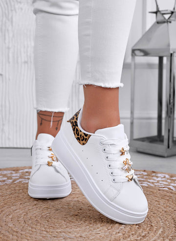 White sneakers with jeweled bee and leopard-print heel