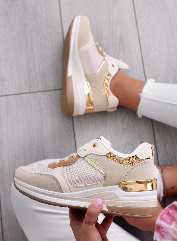 RIVET - Sneakers beige con inserti glitter oro