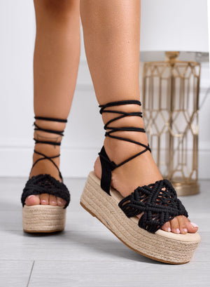 ROBIN - Black Espadrille Sandals with Wedge and Macramé Weave