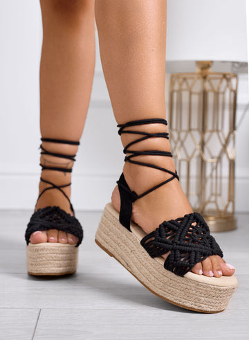 ROBIN - Black Espadrille Sandals with Wedge and Macramé Weave