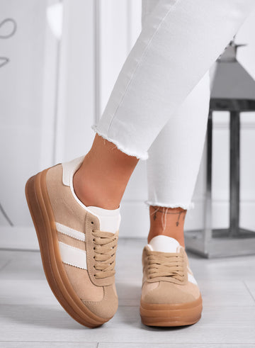ROGER - Beige Suede Platform Sneakers with White Details