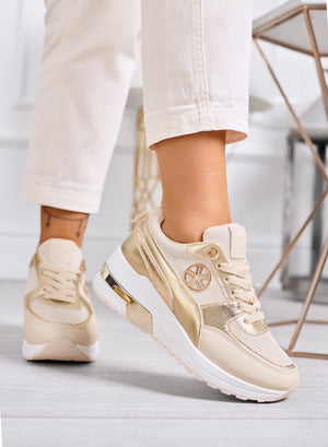 ROMILDA - Beige sneakers with gold details and platform sole