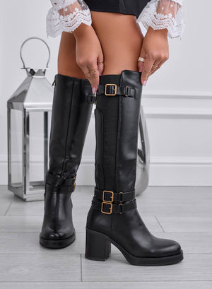 ROMILTA - Black boots with gold buckles and comfortable heel