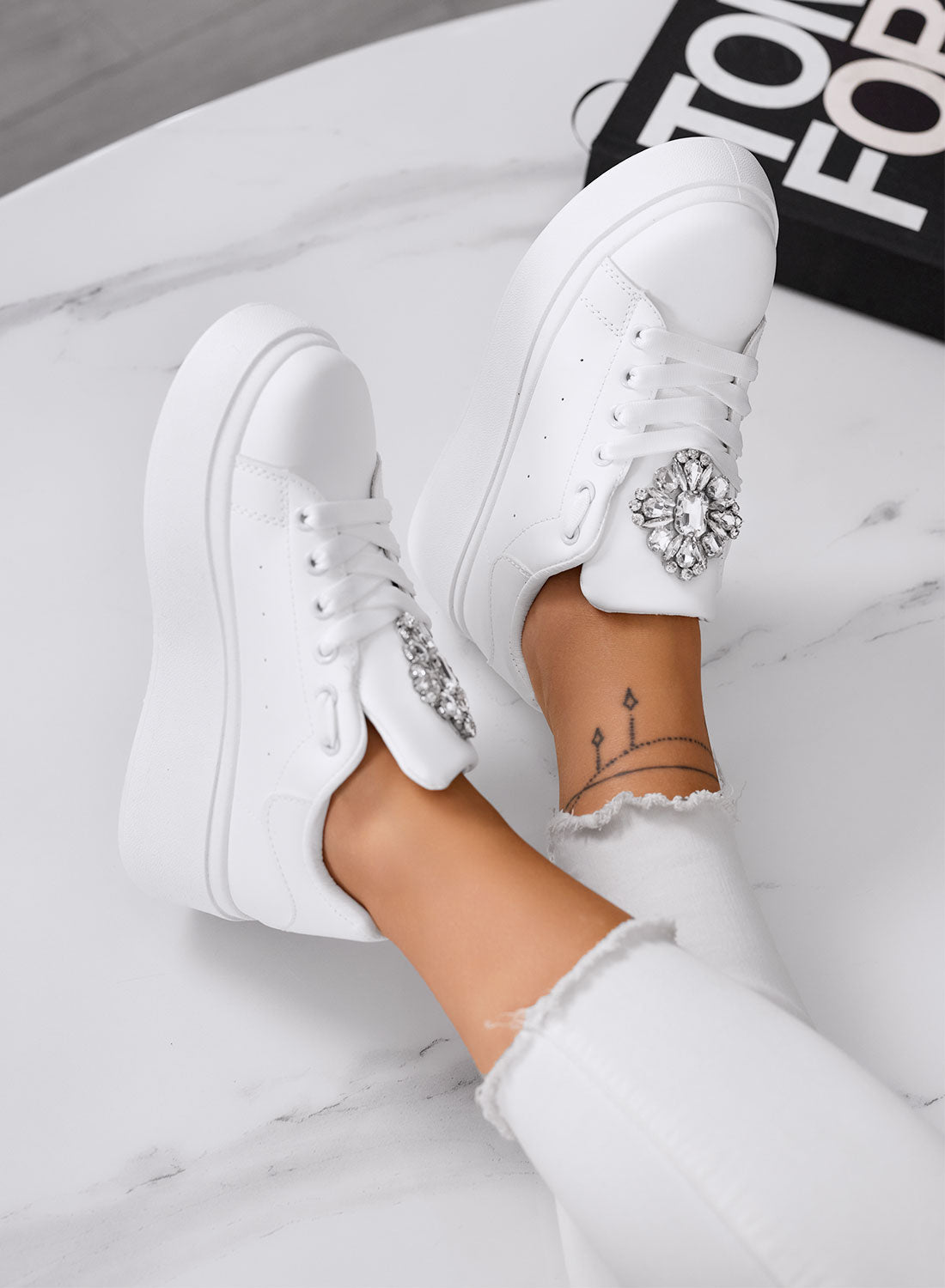 RONNIE - White platform sneakers with large silver jeweled flower