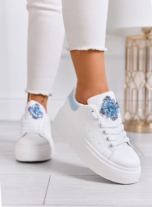 RONNIE - White platform sneakers with large blue jeweled flower