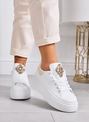 RONNIE - White platform sneakers with large gold jeweled flower
