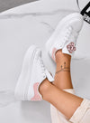 RONNIE - Sneakers bianche platform con maxi fiore gioiello rosa