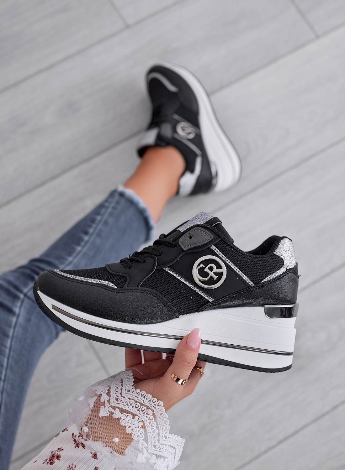 ROSALBA - Black sneakers with silver laminated inserts