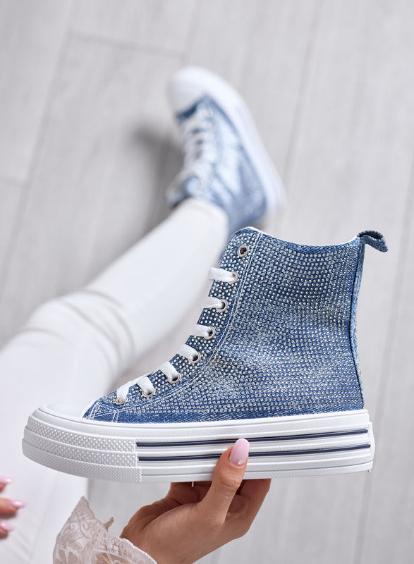 ROSALIA - Baskets montantes bleu jean avec strass et semelle plateforme