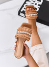 ROSITA - Sandali ciabatte camel con fascia in strass e tacco comodo