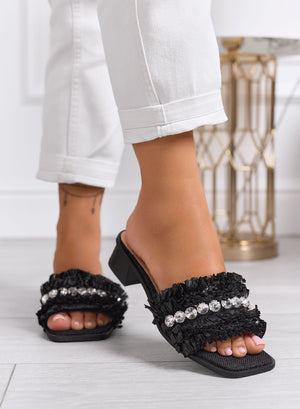 ROSITA - Black slide sandals with rhinestone strap and comfortable heel