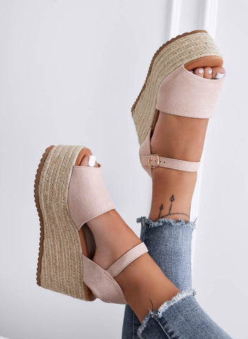 ROXIE - Beige suede espadrille sandals with wedge heel