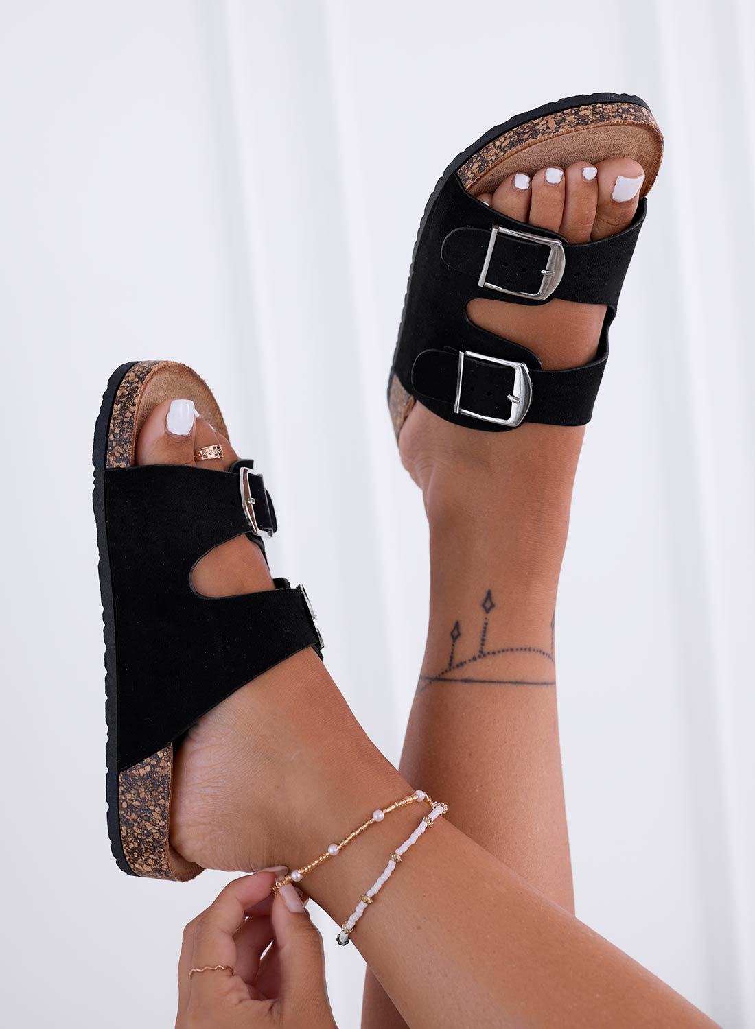 ROXY - Black suede slide sandals with buckles