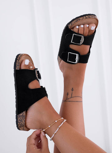 ROXY - Black suede slide sandals with buckles