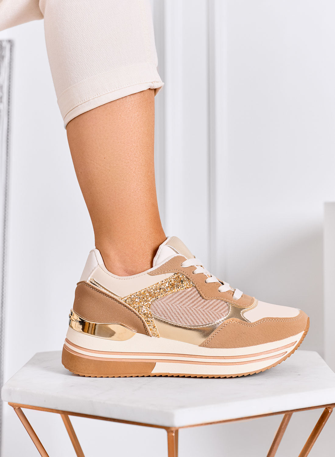RUBINA - Beige sneakers with glitter and metallic details