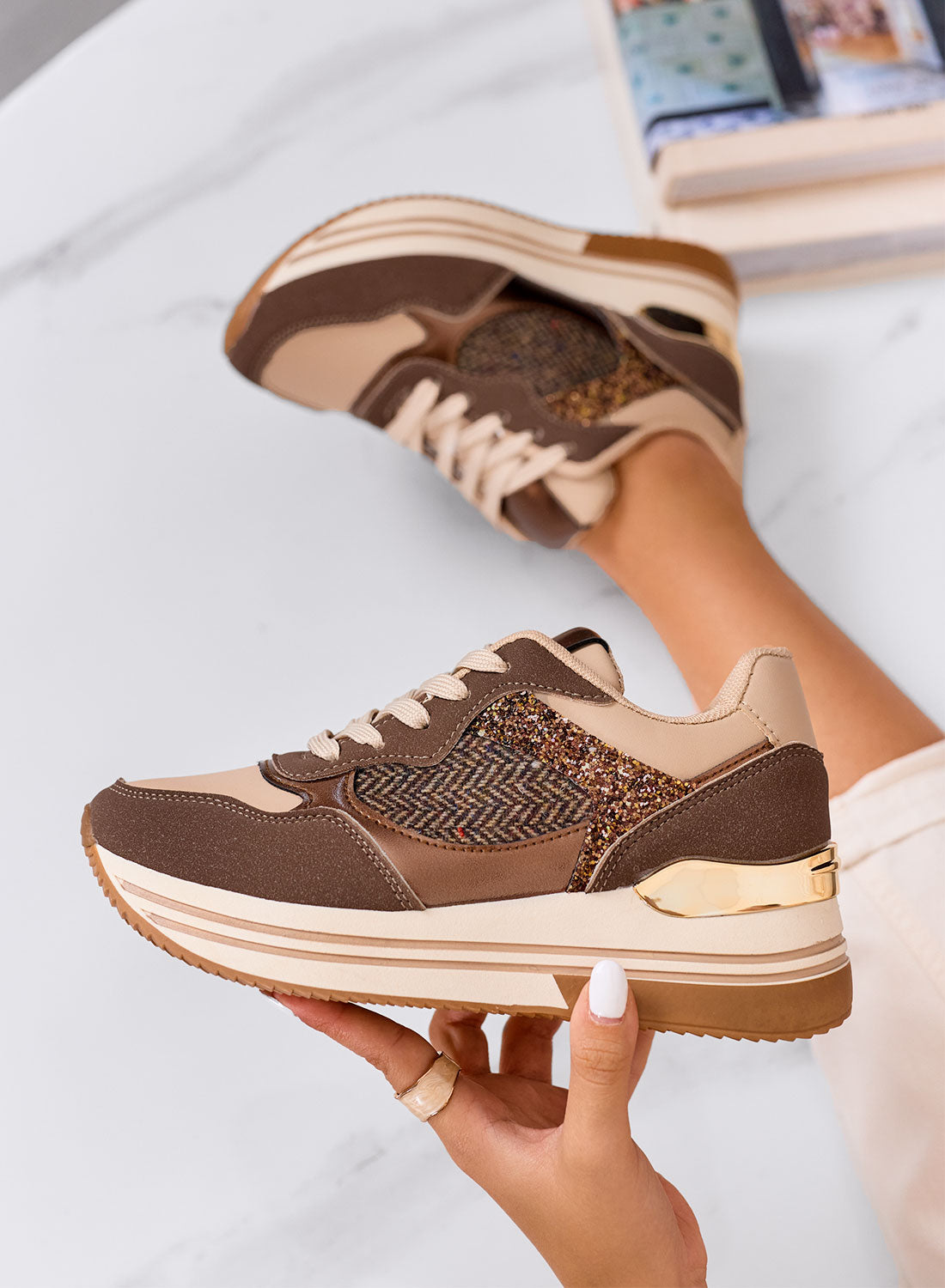 RUBINA - Brown sneakers with glitter and metallic details