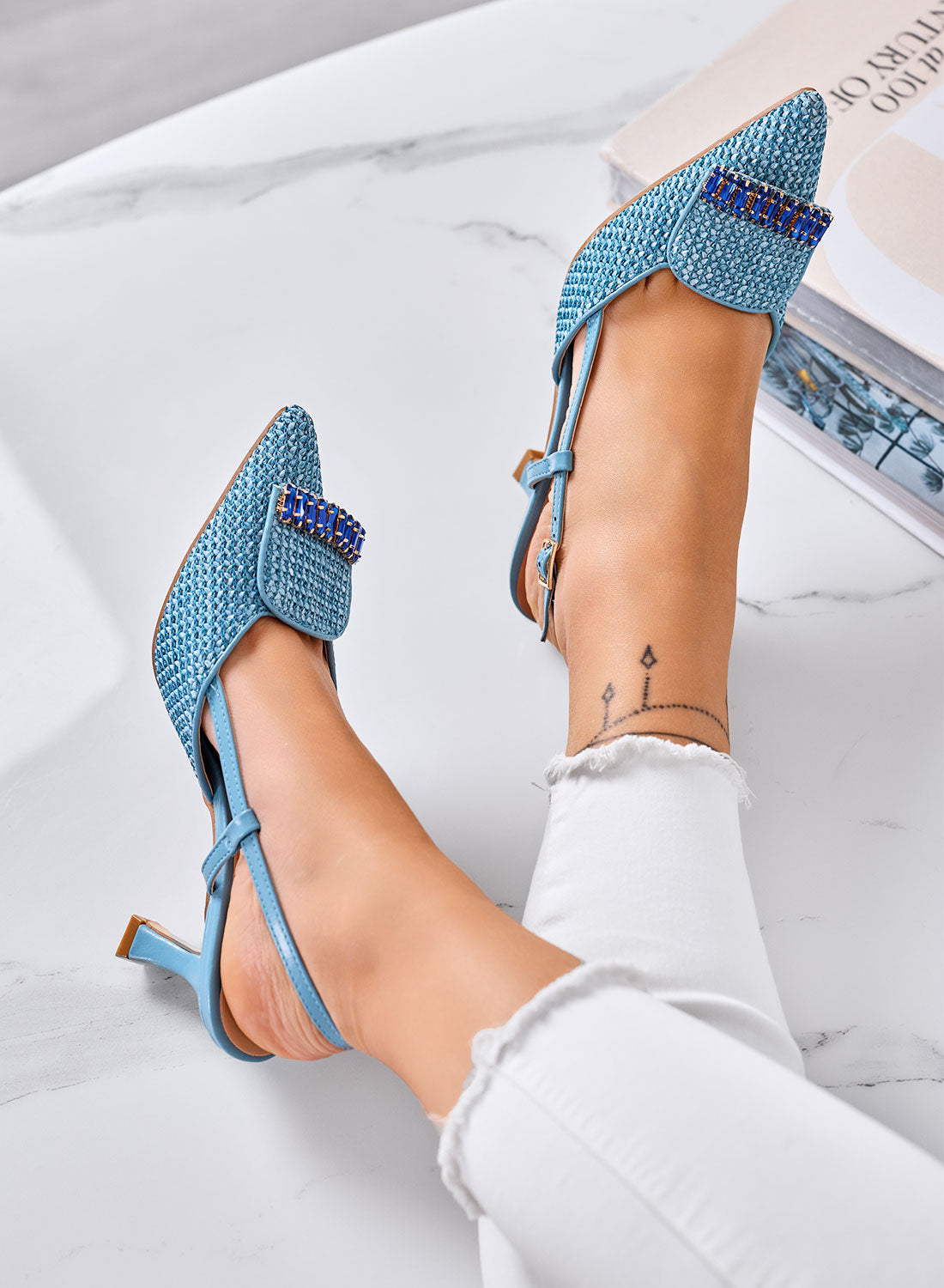 RUSH - Blue Slingback Woven Pumps with Jewel Embellishment