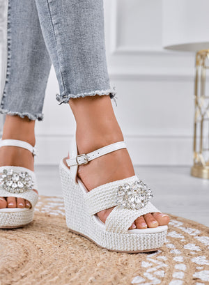 SABRINA - White wedge sandals with ankle strap and maxi rhinestones
