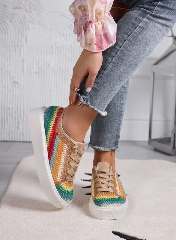 SABRY - Sneakers fango ricamata con inserti multicolor