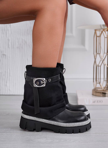SALLY - Black ankle boots with cuff and rhinestone trim