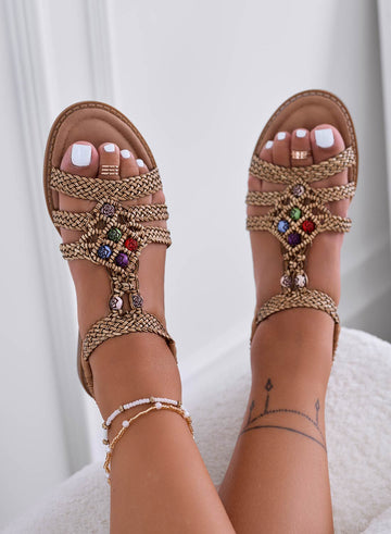 SAMANTA - Low sandals in woven fabric with multicolor roses