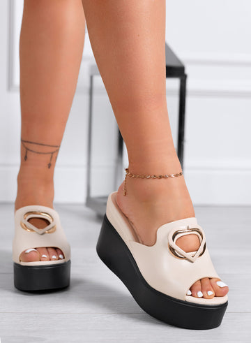 SAMANTHA - Women's beige mule sandals with contrasting wedge