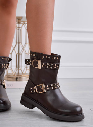 SAMIRA - Brown ankle boots with buckles and gold studs
