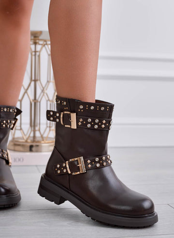 SAMIRA - Brown ankle boots with buckles and gold studs