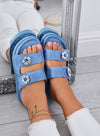 SAMMY - Sandali azzurri Ciabatte con doppia fascia e fiori gioiello