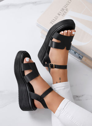 SAMUELA - Black wedge sandals with adjustable strap