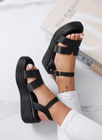 SAMUELA - Black wedge sandals with adjustable strap