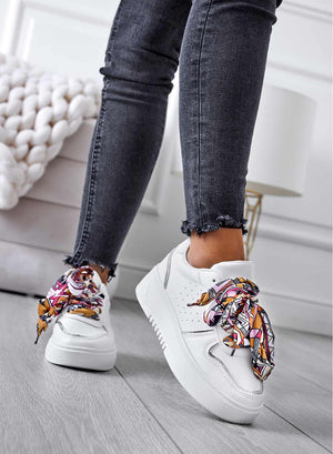 White sneakers with multicolor fabric laces