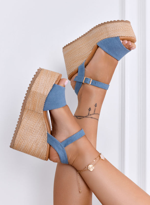 SERENITY - Sandali blu jeans con zeppa e cinturino