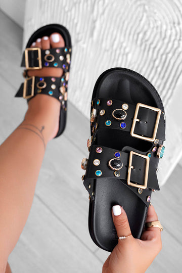 Black slide sandals with stones