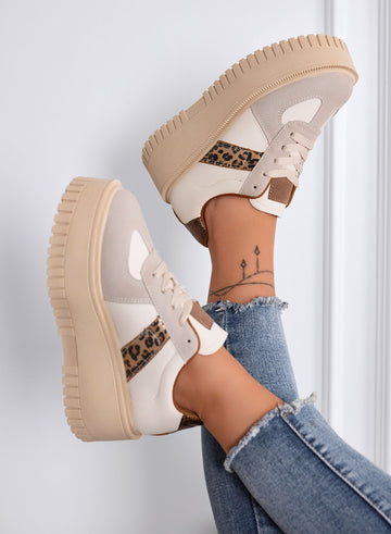 SHELBY - Beige Platform Sneakers with Leopard Animal Print Inserts