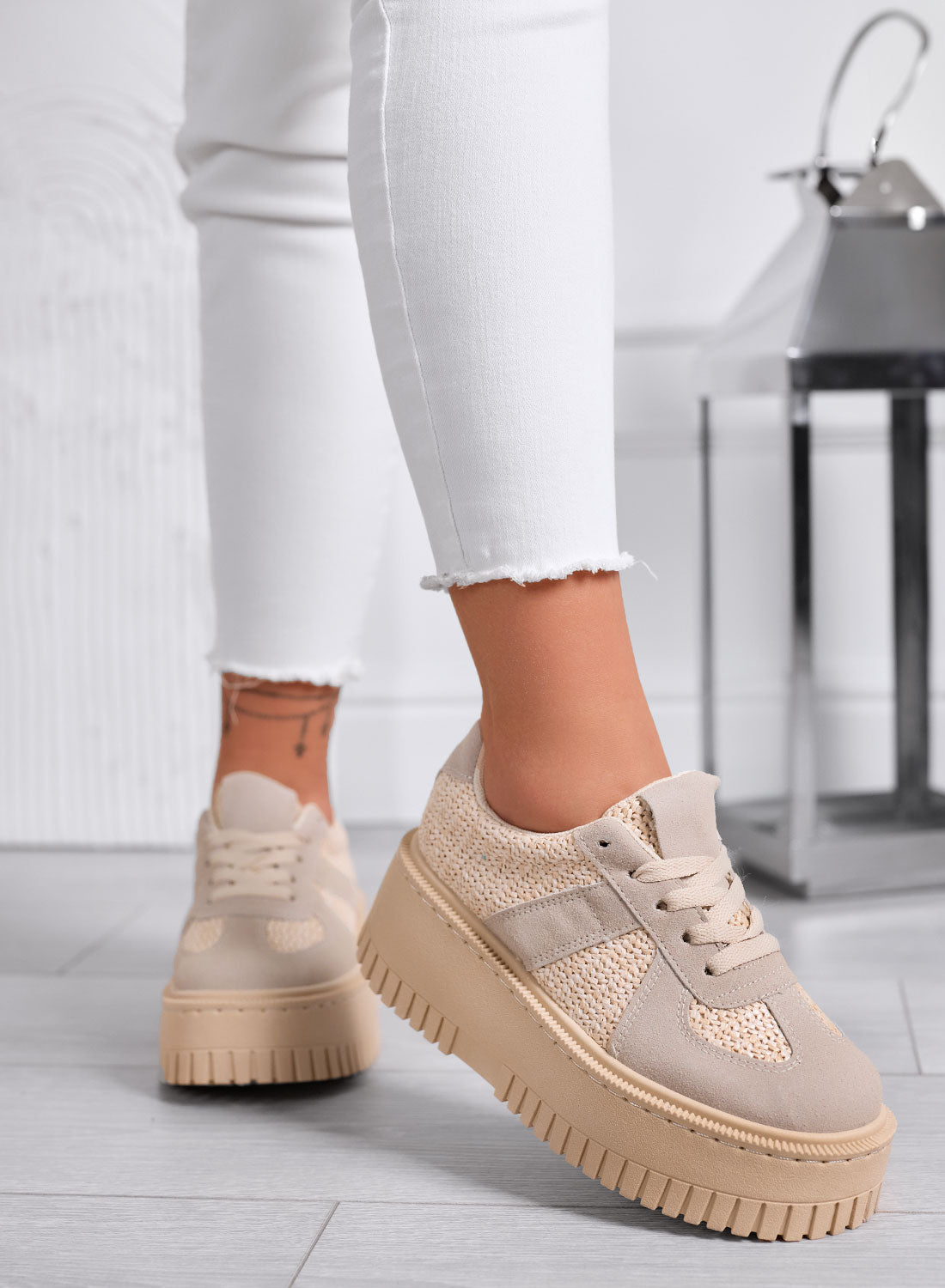 SHELBY - Beige Platform Sneakers with Fabric Inserts