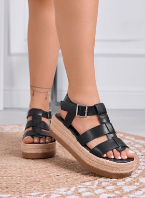 SHELLY - Black platform sandals with wide straps and rope sole