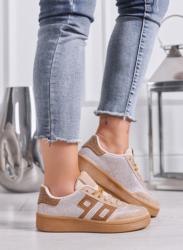 SIDNEY - Sneakers Donna Beige con Strass e Dettagli camel