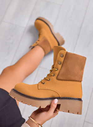 SIMONA - Leather-colored ankle boots, lace-up combat boots with suede turn-down cuff