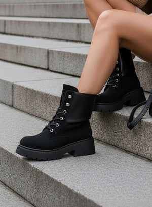 SIMONA - Black ankle boots, lace-up combat style with suede turn-down cuff