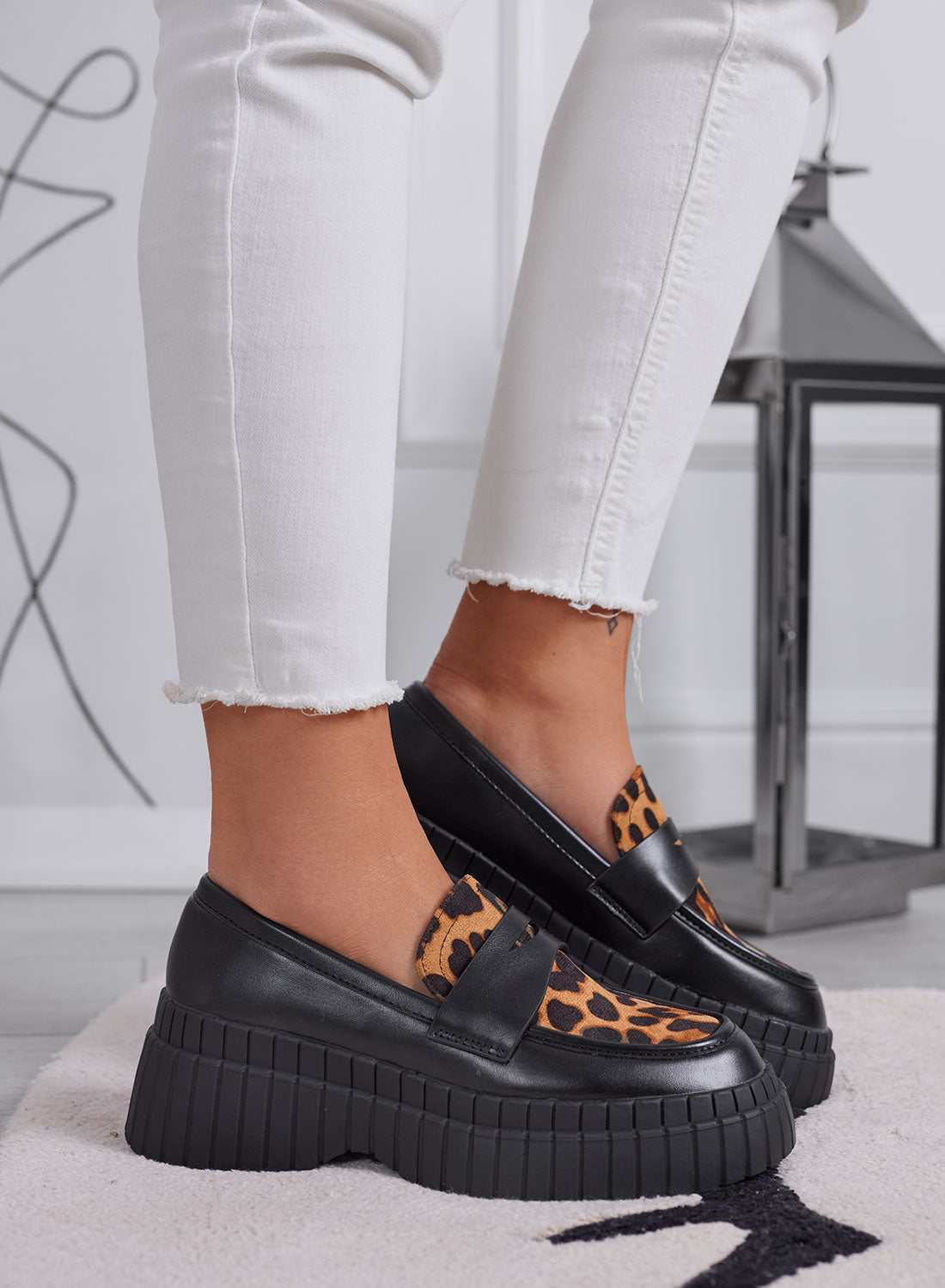 SIRIA - Mocassini platform neri con inserto animalier leopardato