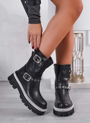 SISSY - Black biker ankle boots with rhinestones and buckles