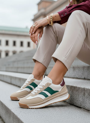BIELLA - Beige fabric sneakers with green details and rubber sole