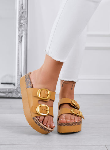 SOFIA - Camel sandals Platform slides with double gold buckle
