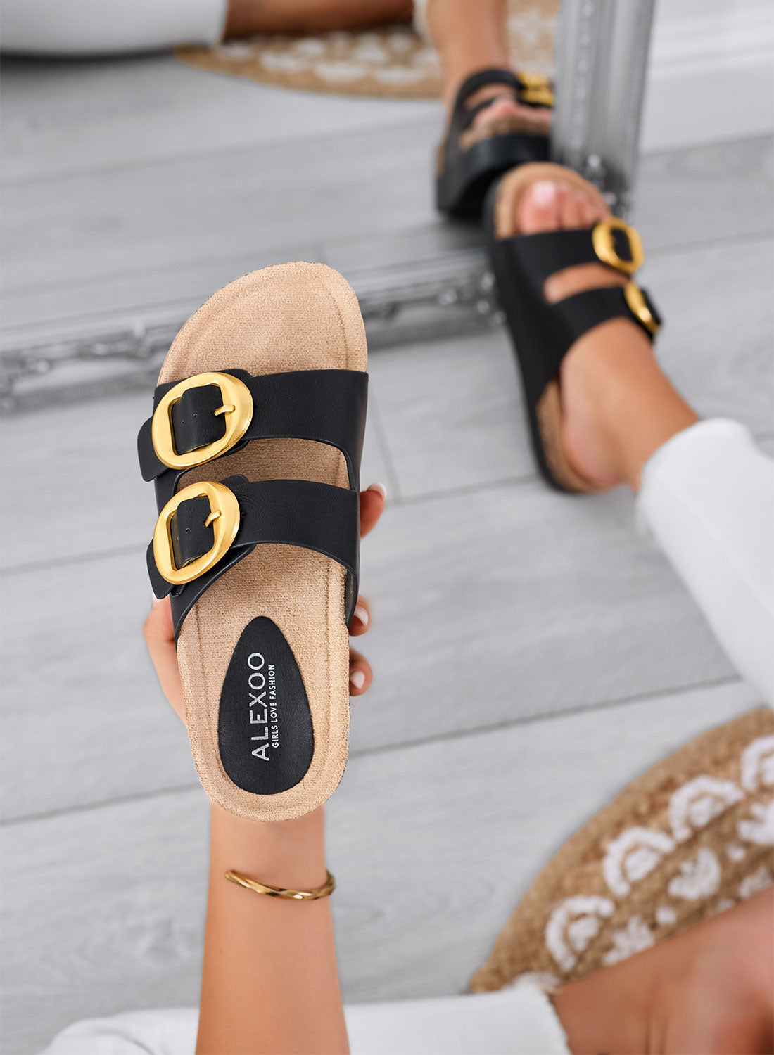 SOFIA - Black sandals Platform slides with double gold buckle