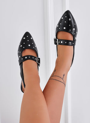 SOFY - Black pointed ballet flats with buckle and silver studs