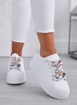 SORAYA - White sneakers with jewel embellishment and silver heel