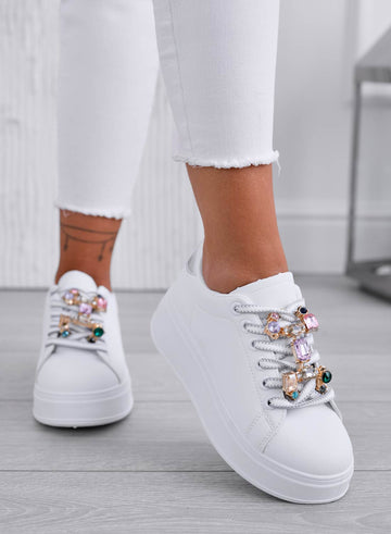 SORAYA - White sneakers with jewel embellishment and silver heel