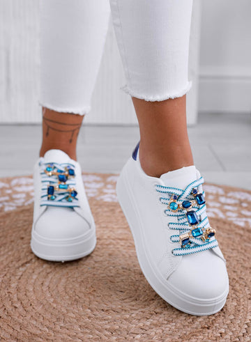 SORAYA - White sneakers with jewel embellishment and blue heel