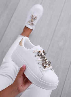 SORAYA - White sneakers with jewel embellishment and gold heel